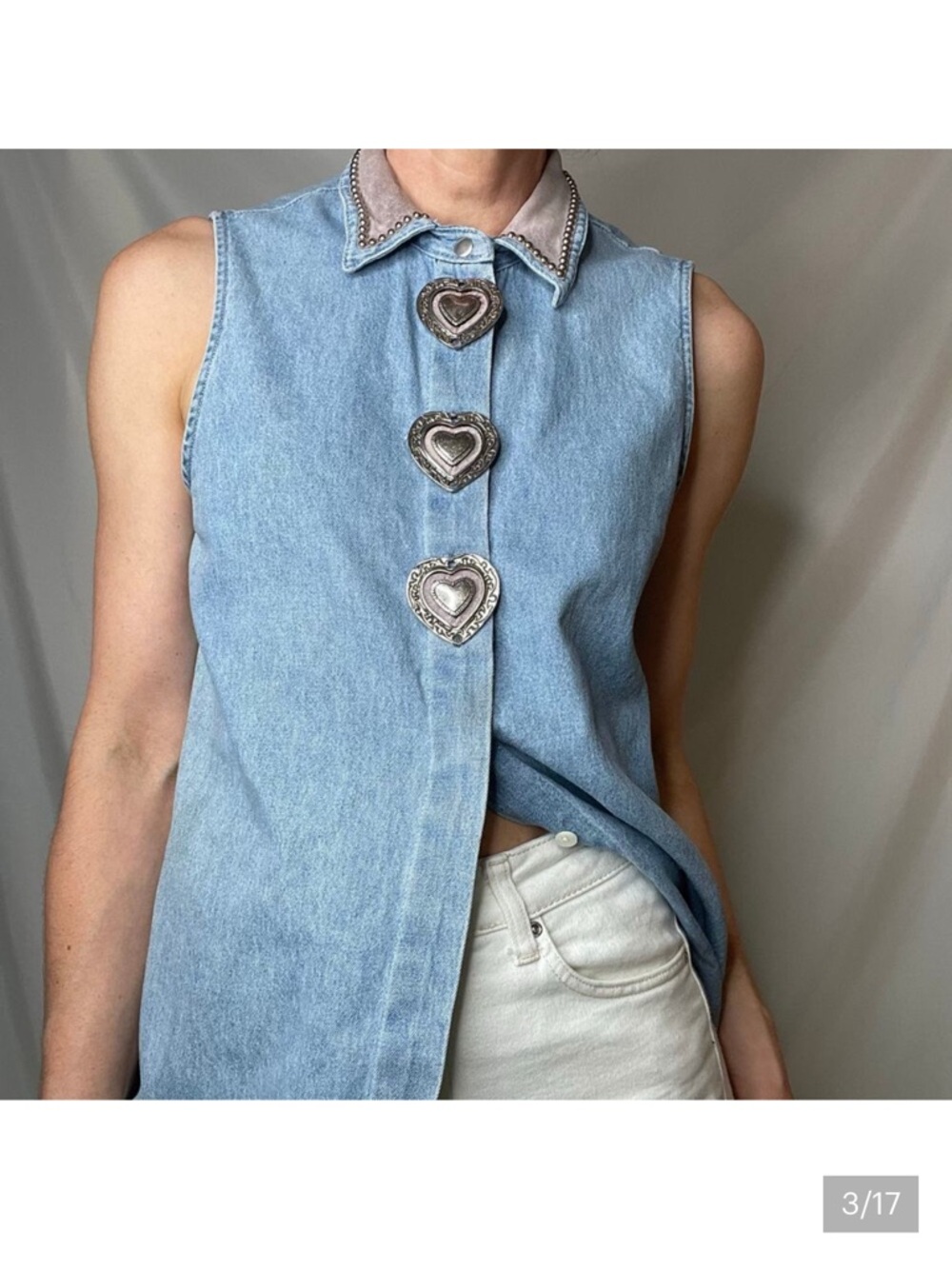 Cache vintage 90s metal heart adorned studded denim top jean blouse sleeveless M - Picture 3 of 7